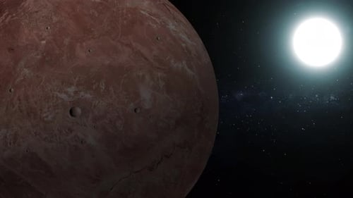 Red Planet Rotating in Distant Starfield with Bright Sun
