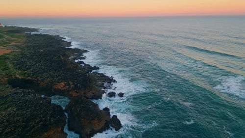 Beautiful Coastal Morning Scenery Foamy Sea Waves Washing Rocky Coast Aerial