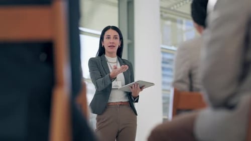 Presentation, tradeshow and woman with tablet speaking to audience for conference