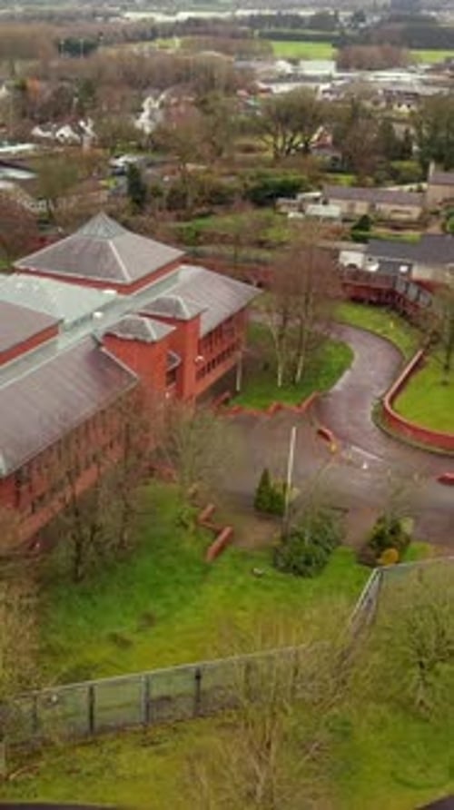 Rotating social ratio aerial video of Coleraine Courthouse in Coleraine, Northern Ireland