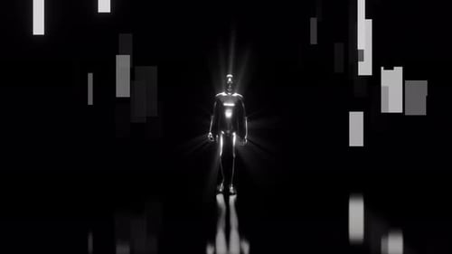 Futuristic Humanoid Walking Through Abstract Digital Environment with Geometric Blocks, VJ Loop