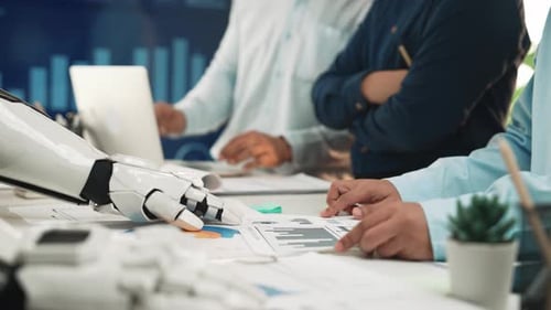 A futuristic office where an AI-powered consultant assists a business team in refining data insights