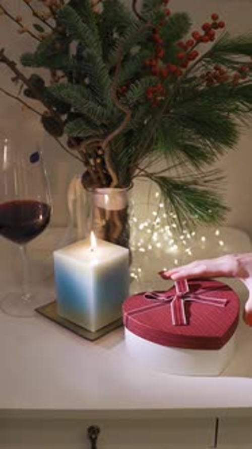 Burning candle close-up. Decorated christmas tree on background. Winter holidays concept. Celebratin