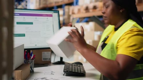 Funcionário da Black Warehouse gerencia tarefas de etiquetagem e embalagem