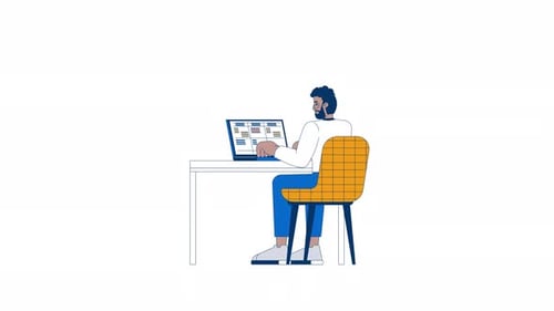 Business casual black man typing laptop 2D character animation