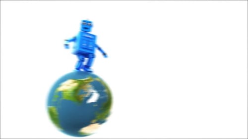 3D Cartoon Robot Running On Planet Earth in loop