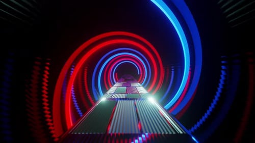 Tunnel with long red and blue spirals going through it. Looped animation