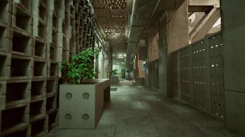 Silent Industrial Corridor Filled with Maintenance and Security Personnel