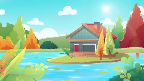 Animated Modern Lakeside House with Autumn Landscape Background
