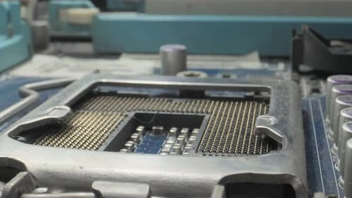 pc motherboard microprocessor cpu socket contact points wide to closeup