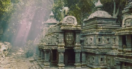 Ancient Temple Ruins Surrounded By Lush Greenery and Serene Light Rays