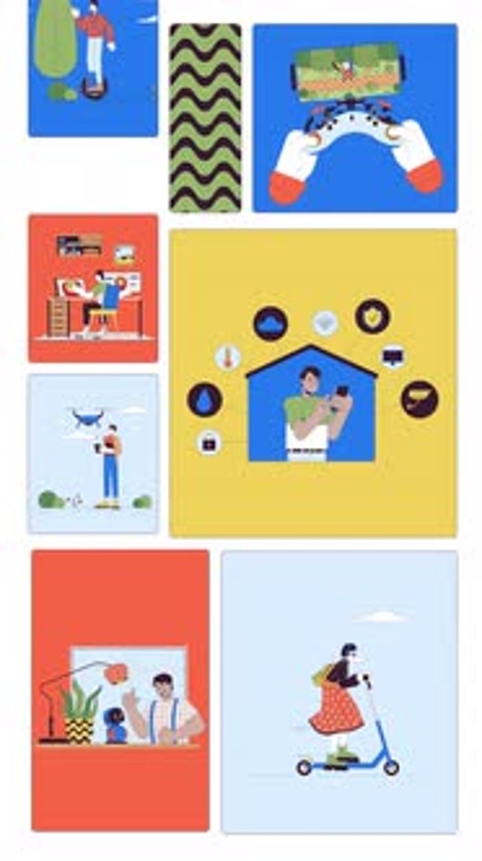 Outdoor tech and daily gadgets bento grid vertical animation, Elements ...