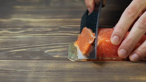 Fresh Salmon Sliced on Rustic Wooden Table