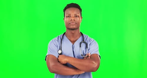 Black man, serious doctor and face on green screen, assertive with mockup space and healthcare