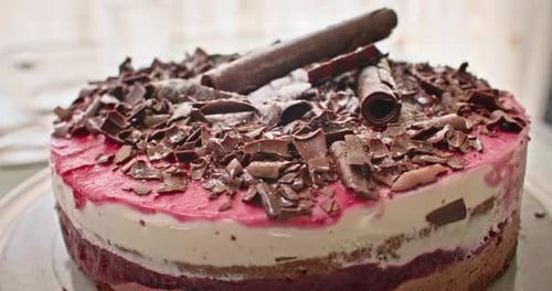 Layered Cake with Chocolate Decorations Close Up