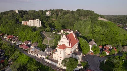 Aerial View of the Old European Church on the Hill Near River