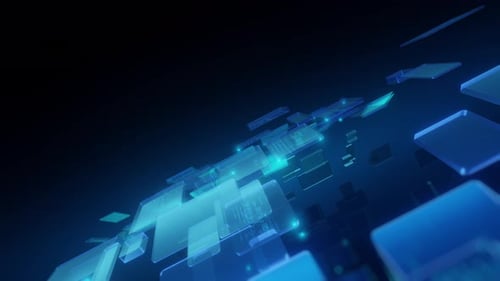 Blaugrüne Tech Code-Panels, die diagonal fliegen, wiederholen das Video auf dunklem Hintergrund