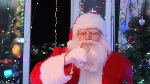Um alegre Papai Noel tilinta taças de champanhe enquanto toma um gole de vinho espumante