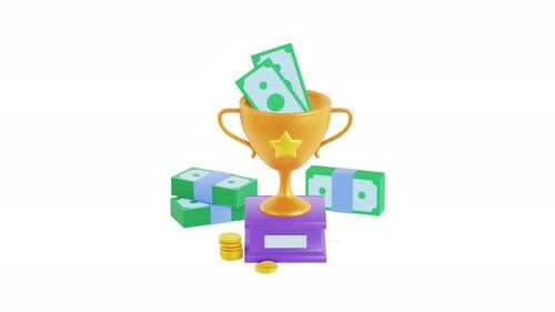 Animated 3D Golden Trophy with Money and Coins Reveal