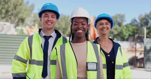 Team, face and pride, construction and people outdoor, building site and engineering
