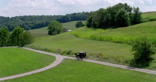 Drone of Amish Buggy on Rural Road