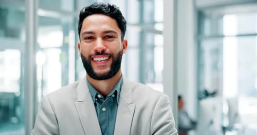 Businessman, happy and face in office with confidence, ambition and excited for growth in career