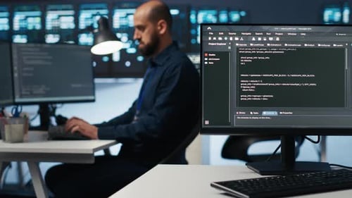 Man Coding at Desk in Dark Tech Office