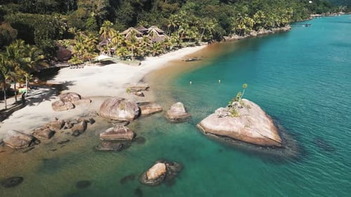Aerial View of the Tropical Sea and Sandy Beach in the Calm Bay Near the Town of Paraty in Brazil