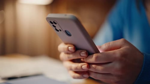 Lady Hands Typing Cellphone in Evening Home Closeup Unrecognizable Woman