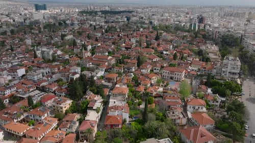 Forwards Fly Above Historic Urban Borough with Low Houses and Red Tiled Roofs Apartment Buildings in