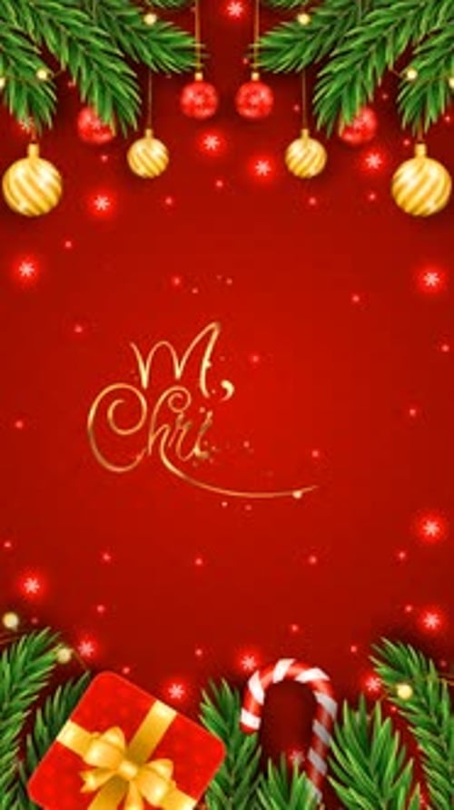 Merry Christmas Lettering Text With Vertical Red Background Branch Ball Gift Box Animation