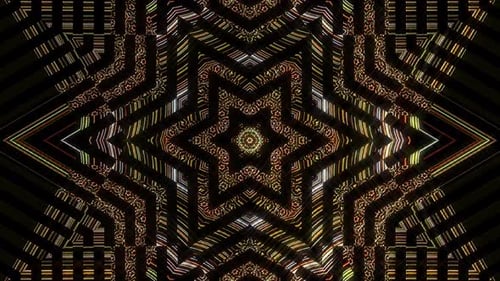 Abstract digital 3D animation. Colored curved circular lines on black background, seamless star