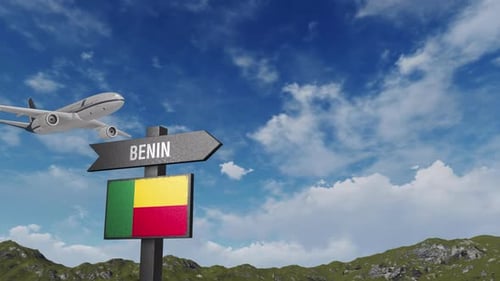 Benin Flag With Airplane And Arrow Sign