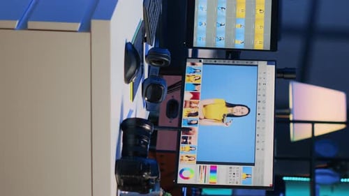 Vertical Video Multi Monitors Setup in Empty Studio with Photo Editing Software Used to Manipulate