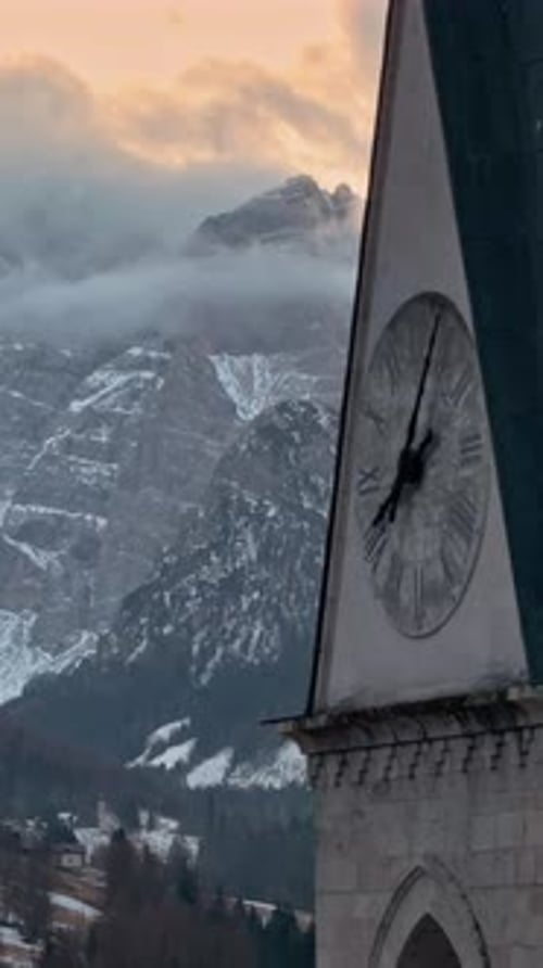Aerial drone view of the San Lorenzo Church in the Selva di Cadore comune, in the Dolomites, Italy.