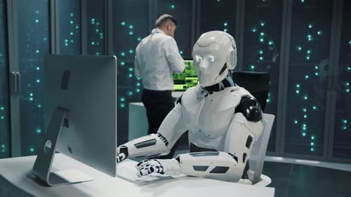 Cybernetic White Robot Using Desktop Computer Programming Software Working with People in Server