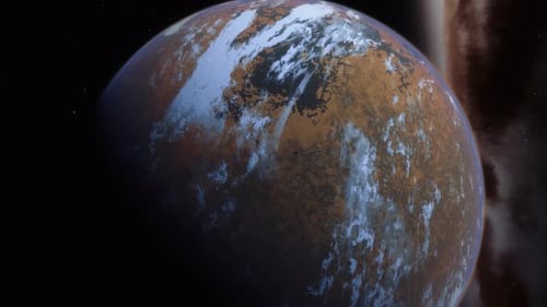 Distant Rocky Planet with Ice Patches in Space