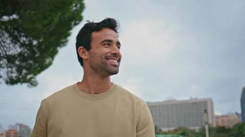 Portrait Smiling Man Urban Park Happy Hispanic Guy Posing at Tree Greenery