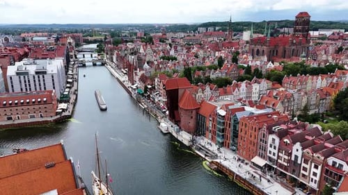 Drone Shot of Waterfront with Historic Crane, Gdansk, Poland. Panorama View.