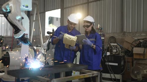 Blue collar workers at machine shop with welding robot arm.