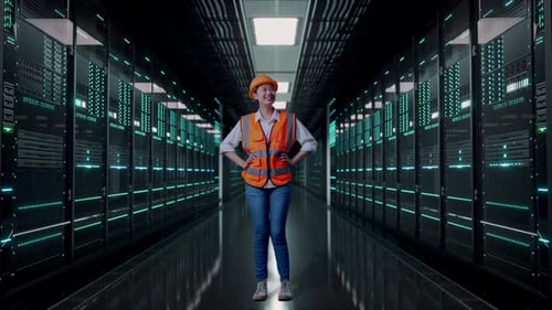 Full Body Of Asian Female Engineer While Standing With Arms Akimbo in Data Center