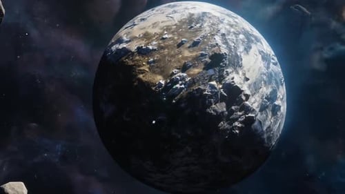 Rotating Sci-Fi Planet with Asteroids in Space