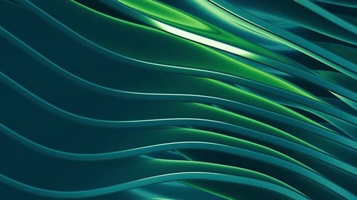 Seamless loop background with blue metallic waves and green light with smooth realistic reflections