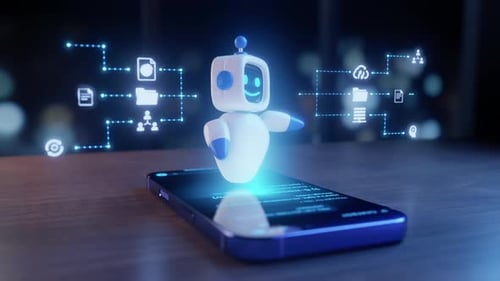 3D AI Robot Hologram Interacting with Digital Network Data on Smartphone