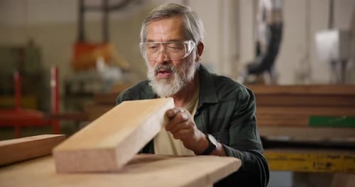 Carpenter, man and wood design in workshop for construction, manufacture