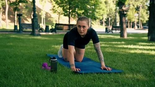 portrait of a young satisfied sports girl doing push-ups outdoors while exercising in the park