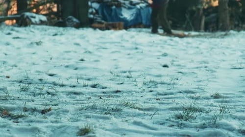 Man Chopping Wood in Snowy Erzgebirge Forest, Symbolizing Isolation and Focus