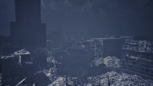 Destruction of a Cityscape at Night with Collapsed Buildings and Debris