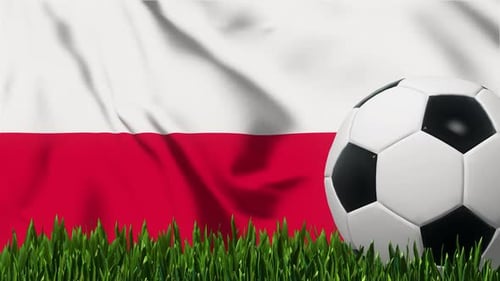 Waving Poland Flag and Soccer Ball on Green Grass