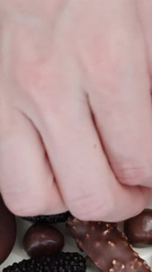 Vertical. A top view of the pastry chef decorating a white cake with different chocolate cookies.